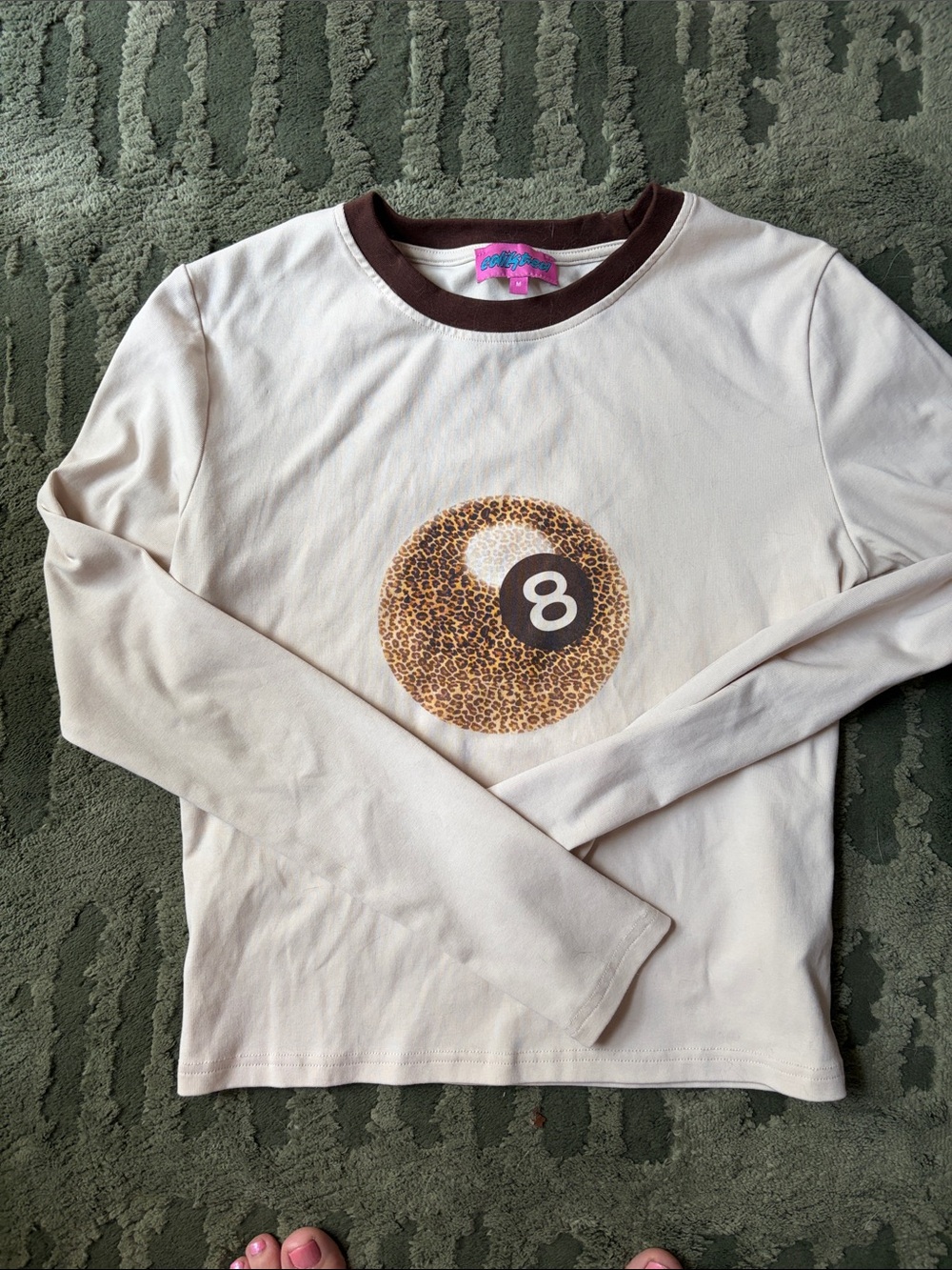 Edikted Cream Long-Sleeve Tee with Leopard 8 Graphic and Brown Trim